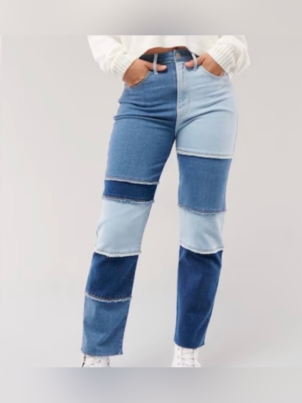 Hollister women’s Patchwork Two-Tone Blue Straight Jeans - closet staple